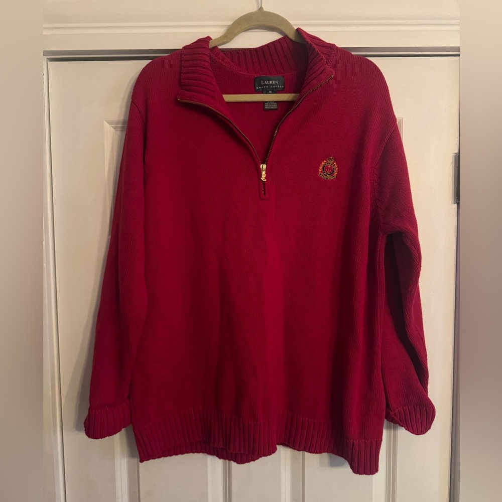 Vintage cotton Ralph Lauren Red Quarter-Zip Sweater 1x crest 90s